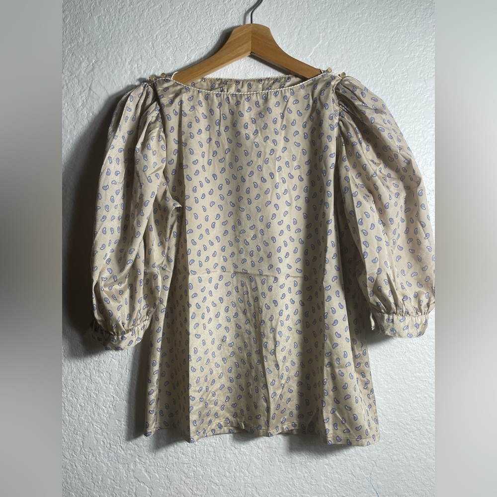 Vintage Tomboy Le Sport Women's Cream and Purple Top Size 7 Puff Sleeves